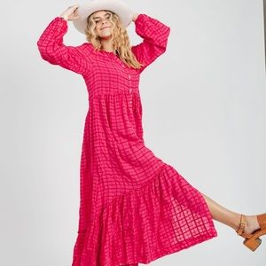 Free people Edie pink plaid peasant tiered skirt button down dress